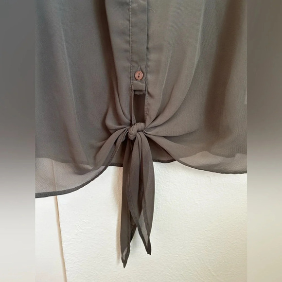 Army green silky blouse with brass accents and tie in front - Picture 2 of 7